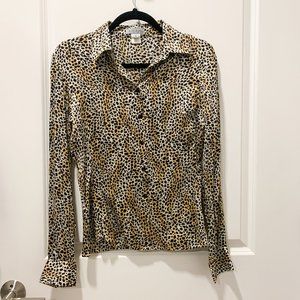 Stretchy Silk Animal/Cheetah/Leopard Print Button Down Blouse